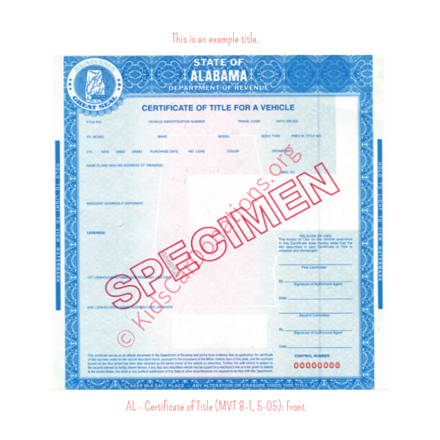 Alabama Certificate of Title (MVT 8-1, 5-05): Front | Kids Car Donations